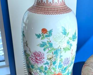 Large Chinese Porcelain Vase – Hand-Painted Peony Flowers & Calligraphy | $500