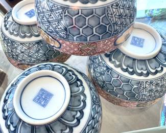 Vintage Japanese Porcelain Rice Bowls – Blue & White Geometric with Red & Gold Accents – Set of 5
