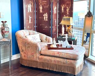 Elegant Reading Nook with Vintage Chaise Lounge, Oriental Folding Screen, and Decorative Accents