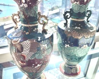 Pair of Japanese Moriage Vases Taishō to Shōwa period (1920s–1950s) – Raised Enamel | $700