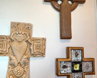 Lot of 3 Decorative Wall Crosses – Celtic Wood, Ornate Carved, and Mexican Tin Punch with Glass Accent