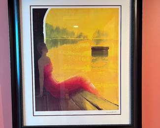 Jean-Claude Bellet Signed Serigraph – Woman in Red Dress by Window, Contemporary Figurative Art, Framed