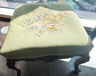 Vintage Needlepoint Footstool – Floral Upholstered Ottoman with Carved Legs