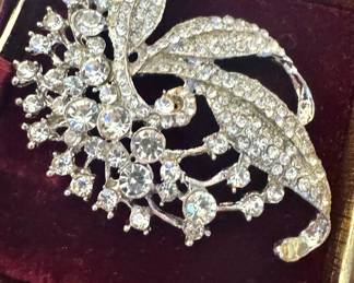 Vintage Rhinestone Brooch – Mid-Century Floral Spray Pin, Silver Tone