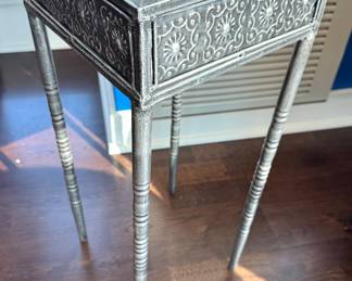 Vintage Embossed Metal Accent Table – Ornate Silver Finish with Turned Legs