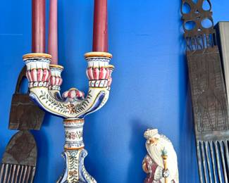 Italian Ceramic Candelabra - Hand-Painted, Majolica-Style, 3-Arm