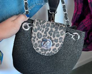 Black Woven Crossbody Bag with Leopard Print Flap & Chain Strap