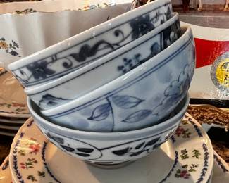 Chinese white blue soup bowls