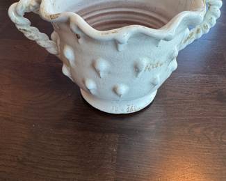 Vintage Ardco Pottery Vase with Twin Handles and Raised Dotted Design – Rustic White Glaze