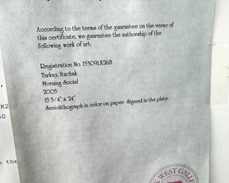 Certificate of Authenticity – Itzchak Tarkay “Morning Social” 2005