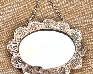 Vintage Mexican Alpaca Silver Hand Mirror – Ornate Repoussé Shell & Floral Design