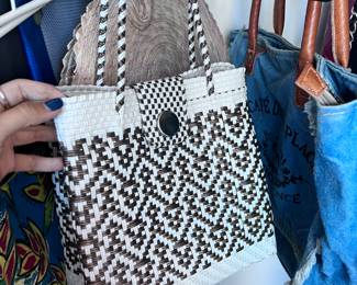 Vintage Woven Market Tote Bag – Brown & White Geometric Design