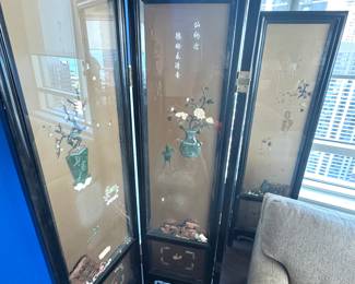 Vintage Chinese Lacquer Folding Screen with Hardstone Inlay – Repair Needed TWO SIDED WITH BLACK LAQUER and PAINTED FLOWERS SAKURA 