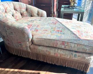 Vintage Chaise Lounge – Upholstered Tufted Back with Fringe Trim