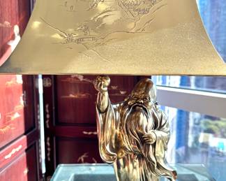 Antique Brass Buddha Lamp with Etched Shade 