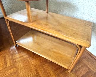 Vintage MCM Tiered side table rattan and mahogany