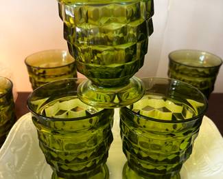 Indiana Glass Whitehall cubist Avocado Green Footed Glass MCM