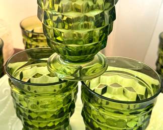 Indiana Glass Whitehall cubist Avocado Green Footed Glass MCM