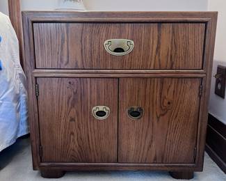 Mid-Century Campaign Style Oak Cabinet with Drawer and Double Doors