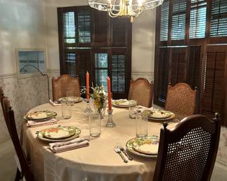 Dining room table with six chairs.