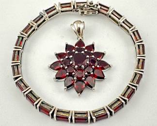 Sterling, garnet bracelet and pendant