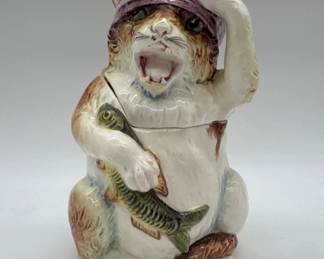 Charming Majolica figural cat and fish tobacco jar