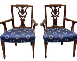 Very attractive pair of walnut Classical armchairs with good looking printed royal blue upholstered over the rail seats