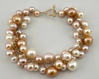 14kt gold and multi toned freshwater pearl toggle bracelet