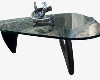 Noguchi style glass top table with ebonized wood base