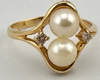 14kt dual pearl, diamond ring