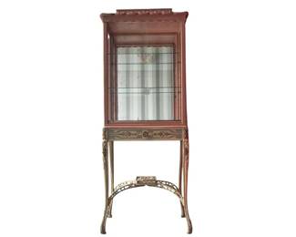 Fun painted 1930’s pagoda top curio cabinet with double glass sliding doors and glass shelving