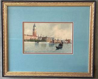 Beautifully matted and framed original watercolor Venice boat scene by Andrea Biondetti (Italy 1851-1946)