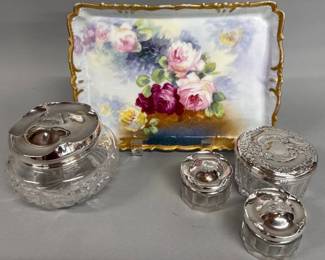 Ladies dressing table lot with sterling dresser jars