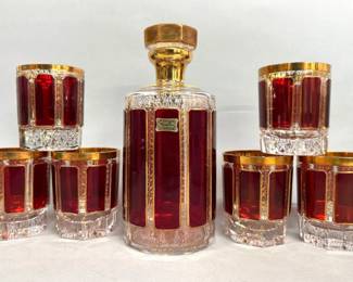 Egermann red painted rocks glasses, decanter