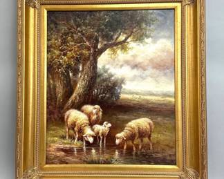 Decorative oil on canvas of bucolic pastoral landscape