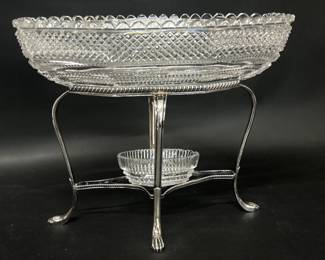 English sterling silver epergne is marked on end leg with the lion passant (1720-1821), leopard's head (London), P date letter (1810) and duty mark with sovereign head of George III