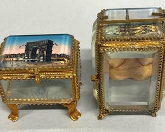 Antique Parisian ormolu glass trinket caskets