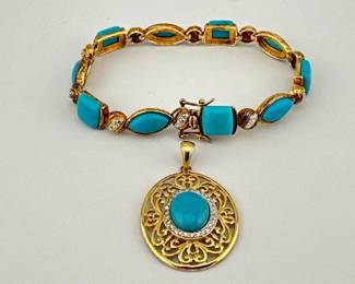 Gold wash sterling bracelet, pendant blue stones