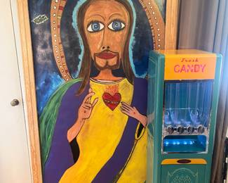Sacred Heart painting, candy dispenser 