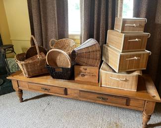 Baskets, storage boxes, coffee table 