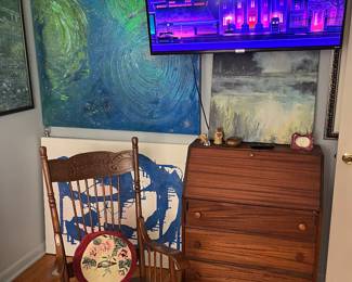 Drop front desk, antique rocker, smart tv