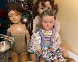 Vintage composition dolls, one with wooden body
