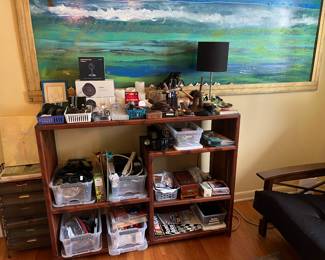 Office supplies, wooden shelf