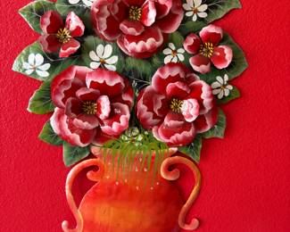 Hand painted flowers and vase on metal wall art