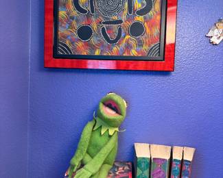 Haitian multimedia artwork, Vintage Kermit the Frog stuffed animal, original Harry Potter paperback series