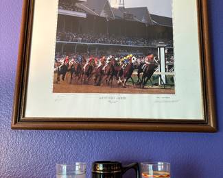 Signed Kentucky Derby print by James Achambeault two official Derby mint julep glasses