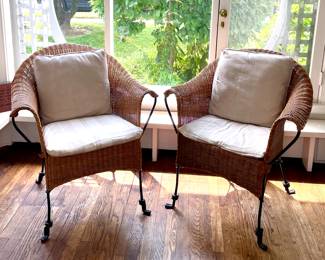 Wrought iron wicker armchairs 