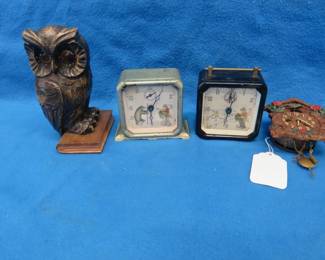 Lot 187. Unmarked working Owl clock. Eyes move to show the time. Three vintage clocks for parts or repair.