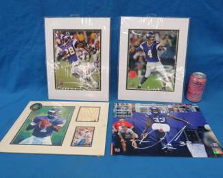 Lot 369. Three photos and one print of four Minnesota Viking stars: Brett Favre, Adrian Peterson, Warren Moon, and Aaron Jones.