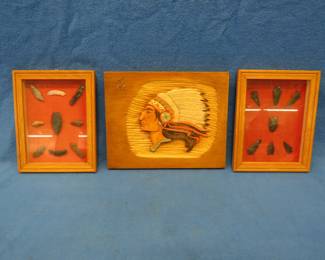 Lot 404. Relief carving of a Native American and two framed collections of arrowheads and scrapers